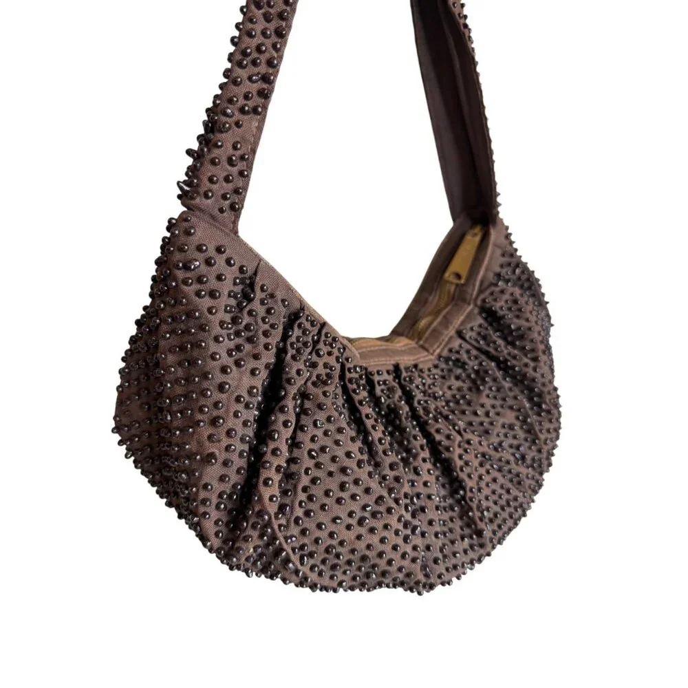 70s Brown Beaded‎ Shoulder Bag With Zipper Closure